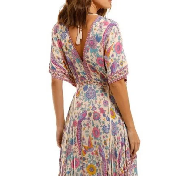 Boho Maxi Dress Long Floral Gown Deep V Front & Back with Tassel made in India - Picture 17 of 17